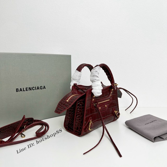 Balenciaga專櫃爆款鱷魚紋系列新版機車包 巴黎世家經典Neo Classic Mini酒紅鱷魚紋手提女包 fyj1039